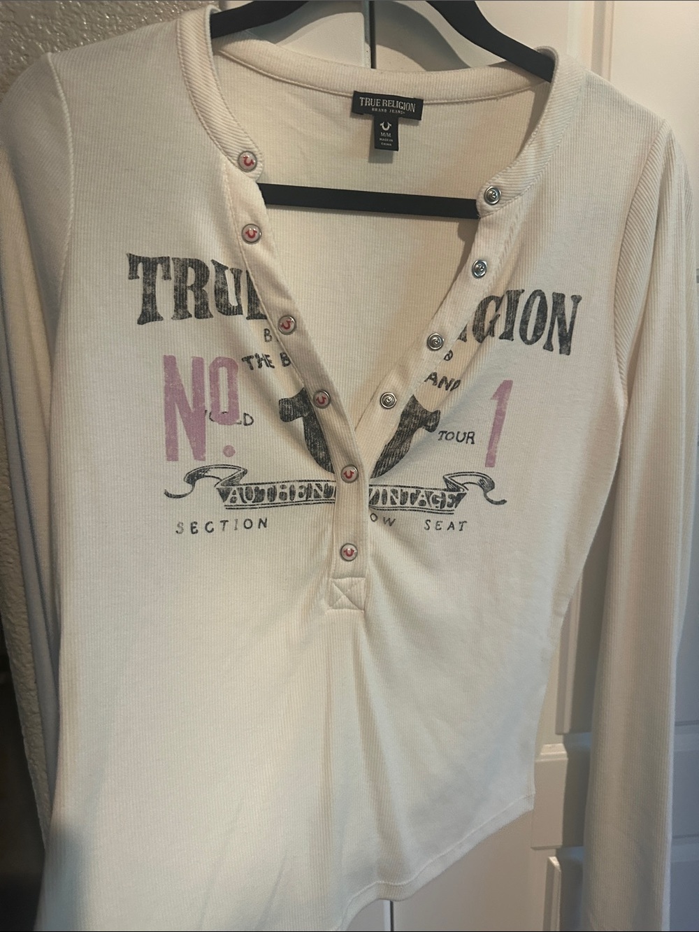 True Religion Cream Long-Sleeve Henley with Pink & Charcoal Graphic